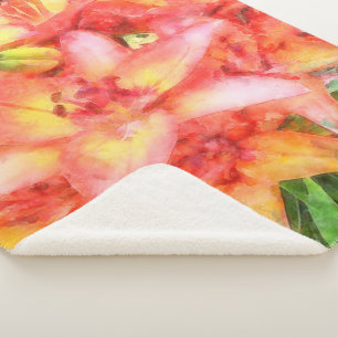 Helen's Coral Coloured Lilies Watercolor Sherpa Blanket