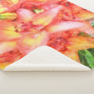 Helen's Coral Coloured Lilies Watercolor Sherpa Blanket