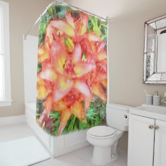 Helen's Coral Coloured Lilies Watercolor Shower Curtain