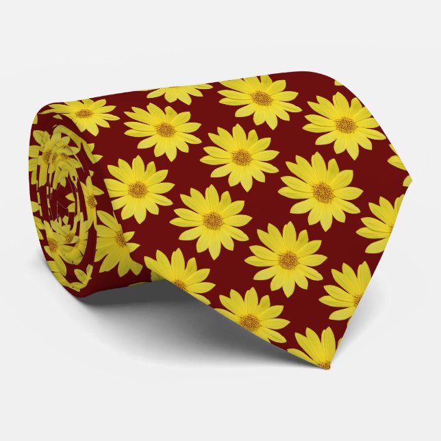 Helianthus 'Lemon Queen' Pattern - Dark Red Tie (Rolled)