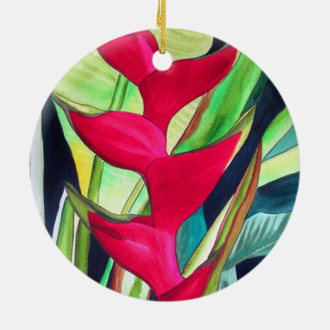 Heliconia Lobster Claw tropical watercolour flower Ceramic Tree Decoration (Back)