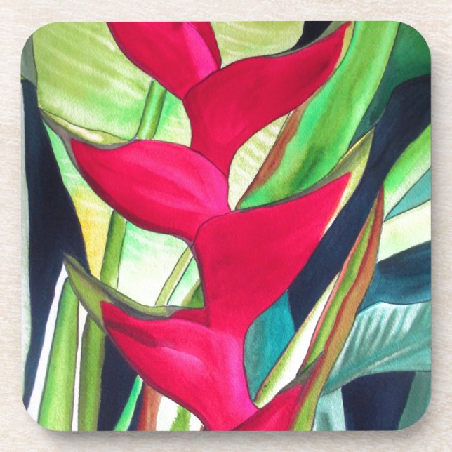 Heliconia Lobster Claw tropical watercolour flower Coaster (Front)