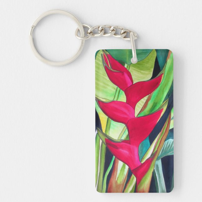 Heliconia Lobster Claw tropical watercolour flower Key Ring (Front)