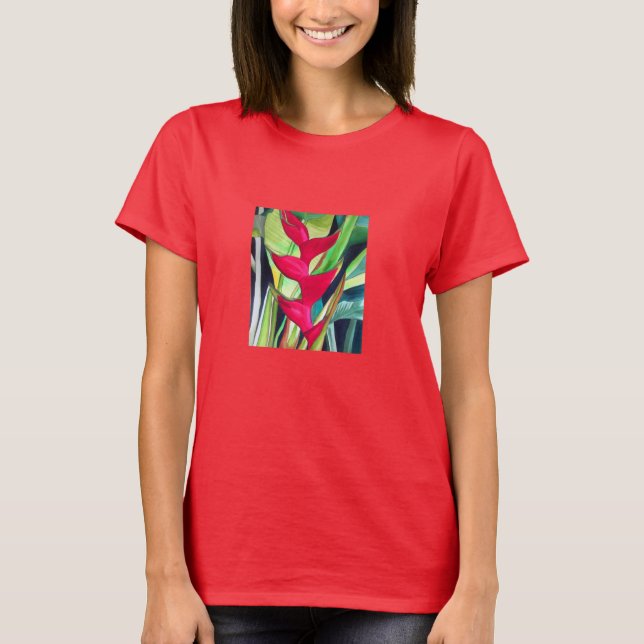 Heliconia Lobster Claw tropical watercolour flower T-Shirt (Front)