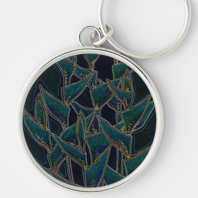 Heliconia Rostrata, tropical flowers, black & teal Key Ring (Front)