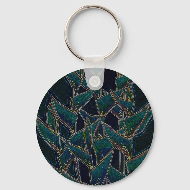 Heliconia Rostrata, tropical flowers, black & teal Key Ring (Front)