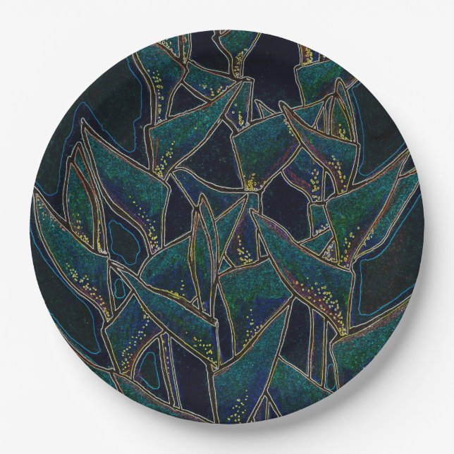 Heliconia Rostrata Tropical Flowers Floral Black Paper Plate (Front)