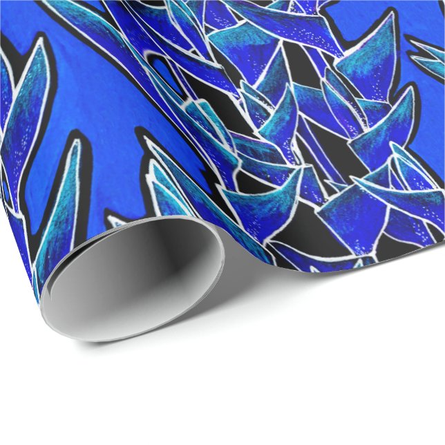 Heliconia Tropical Botanical Floral Pattern Blue Wrapping Paper (Roll Corner)