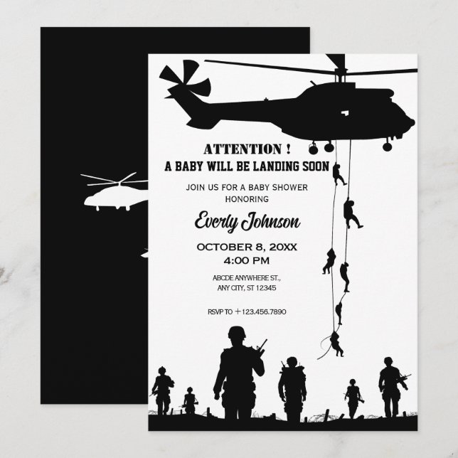 helicopter army soldier baby shower invitation (Front/Back)