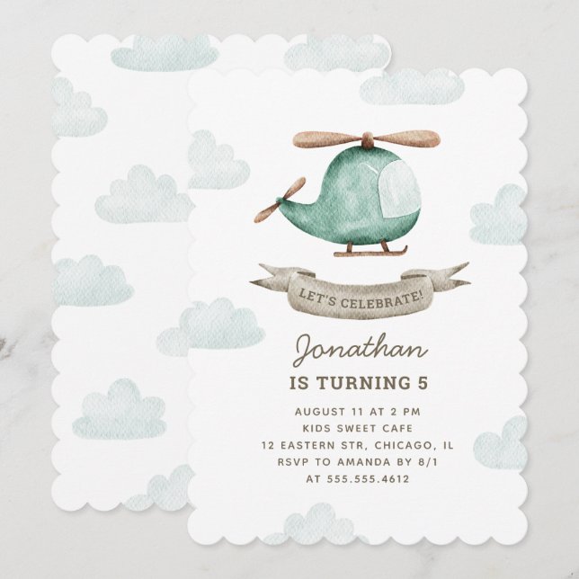 Helicopter Birthday for Boy | Watercolor Aviation Invitation (Front/Back)