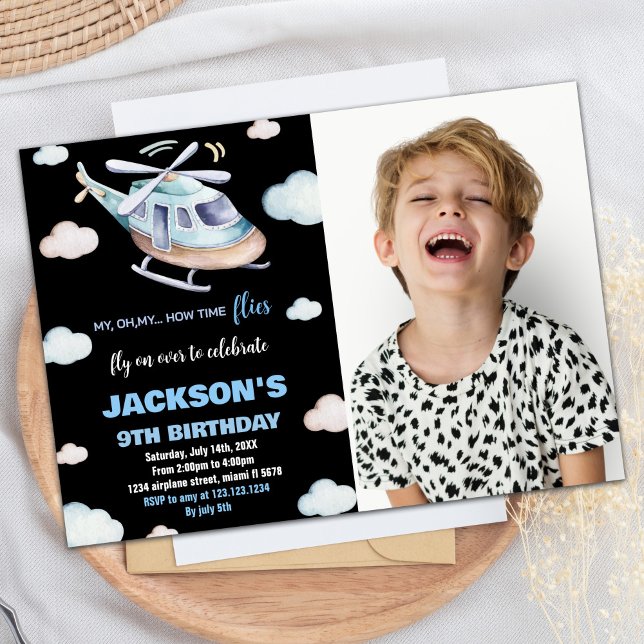 Helicopter Birthday Invitations Grey Black w Photo (Helicopter Birthday Invitations Gray Black w Photo)