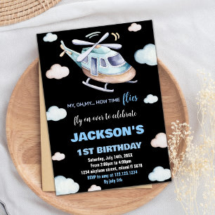 Helicopter Birthday Invitations Grey Blue Black BK