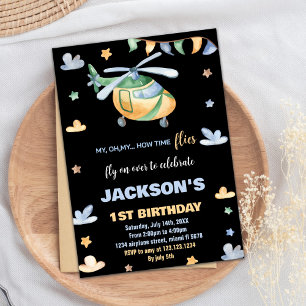 Helicopter Birthday Invitations Yellow Grey Black