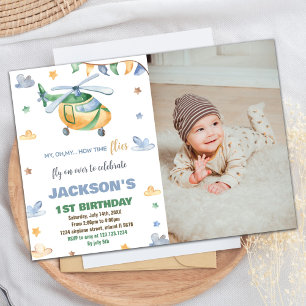 Helicopter Birthday Invitations Yellow Grey Photo