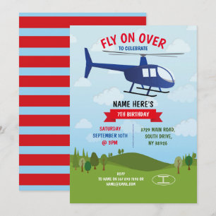 Helicopter Birthday Party Fly Over Red Blue Invitation