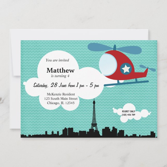Helicopter Birthday theme (Blue) Invitation (Front)