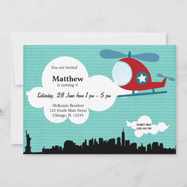 Helicopter Birthday theme (Blue) Invitation (Front)