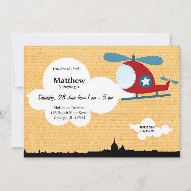 Helicopter Birthday theme (Orange) Invitation (Front)