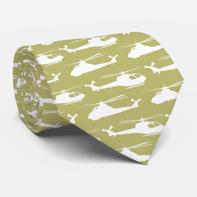 Helicopter Pattern Military Khaki Green Patterned Tie (Rolled)
