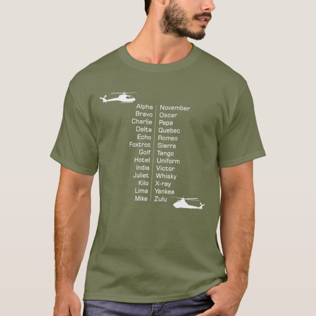 Helicopter Pilot Phonetic Spelling Alphabet Words T-Shirt (Front)