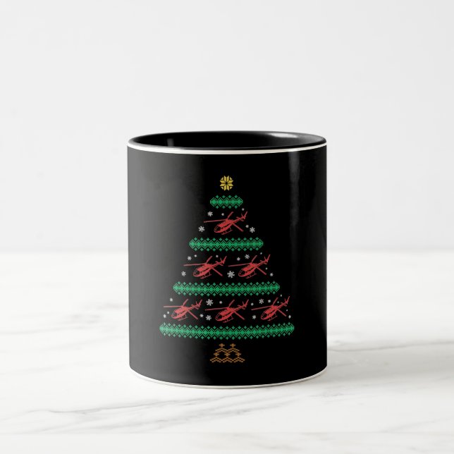 Helicopter Ugly Christmas Pilot Xmas Tree Gift Two-Tone Coffee Mug (Center)