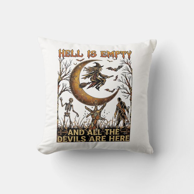 Hell Is Empty Halloween Witch Crescent Moon Skelet Cushion (Front)