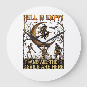 Hell Is Empty Halloween Witch Crescent Moon Skelet Large Clock