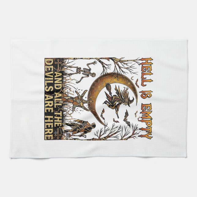 Hell Is Empty Halloween Witch Crescent Moon Skelet Tea Towel (Horizontal)