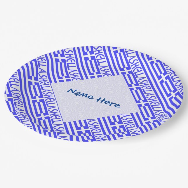 Hellas and Greek Flag Tiled Blue Personalisation  Paper Plate (Angled)