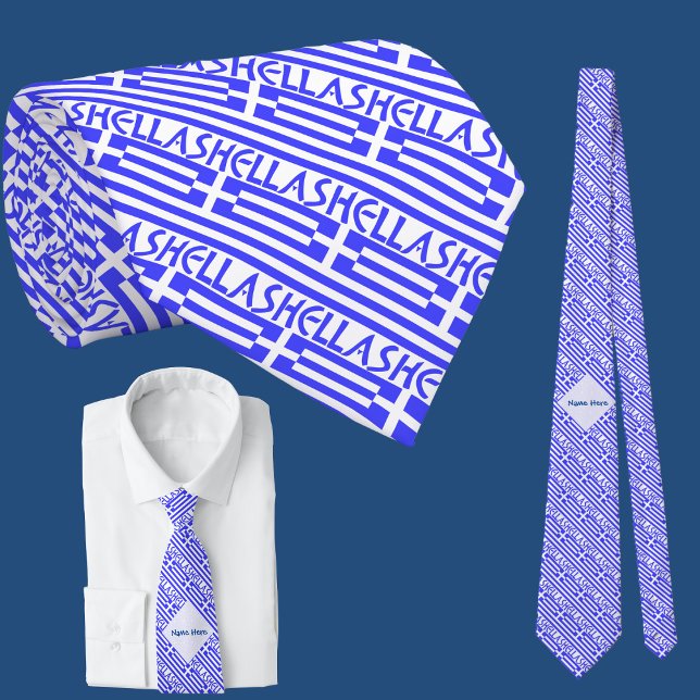 Hellas and Greek Flag Tiled Blue Personalisation  Tie (Creator Uploaded)