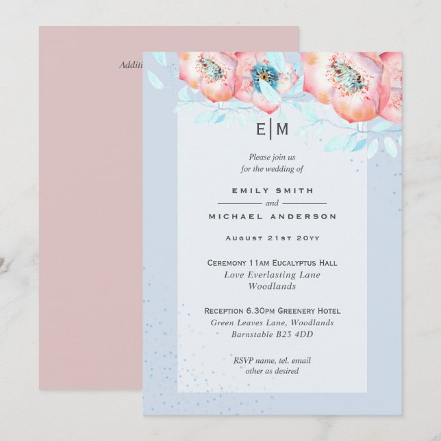 Hellebore Blue Dusty Rose Wedding Reception Invite (Front/Back)