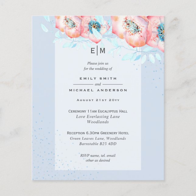 Hellebore Blue Red Wedding Ceremony BUDGET Invite Flyer (Front)
