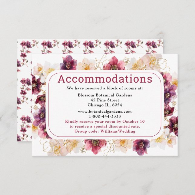 Hellebore Floral Burgundy Wedding Accommodations Enclosure Card (Front/Back)