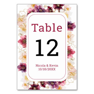 Hellebore Floral Burgundy Wedding Table Number