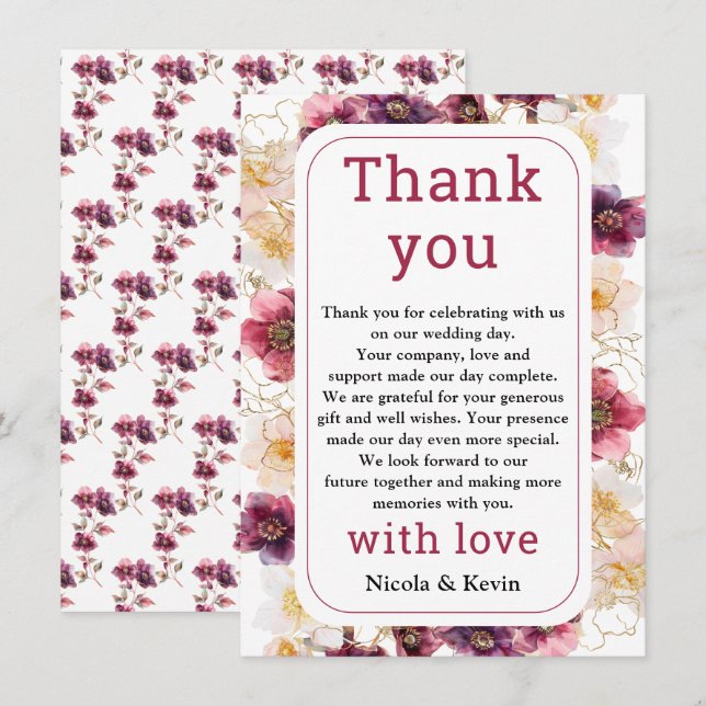 Hellebore Floral Burgundy Wedding Thank You Card (Front/Back)