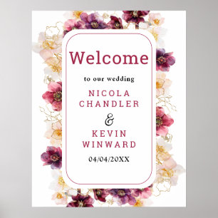 Hellebore Floral Burgundy Wedding Welcome Sign