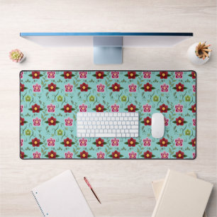 Hellebore Floral Pattern on Bright Blue Desk Mat