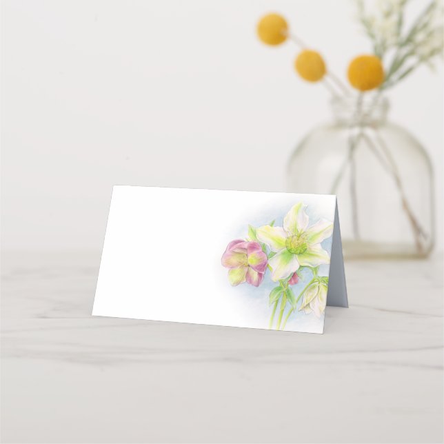 Hellebore watercolor art wedding guest place cards (Front)