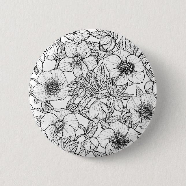 Hellebores in black and white 6 cm round badge (Front)