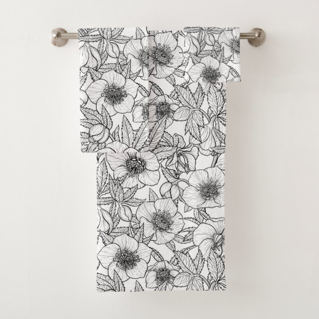 Hellebores in black and white bath towel set (Insitu)
