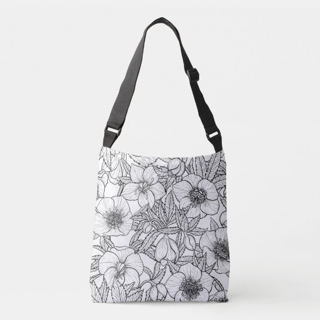 Hellebores in black and white crossbody bag (Front)