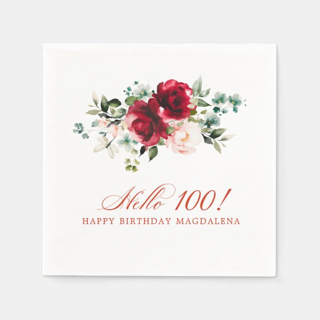 Hello 100 Birthday Party Red Pink Floral Napkin (Front)