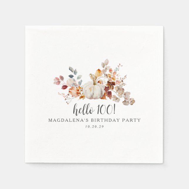 Hello 100 Fall Pumpkin Leaves Custom Birthday Napkin (Front)