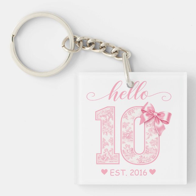 Hello 10 Birthday | Pink Hello 10 Custom Year Key Ring (Front)