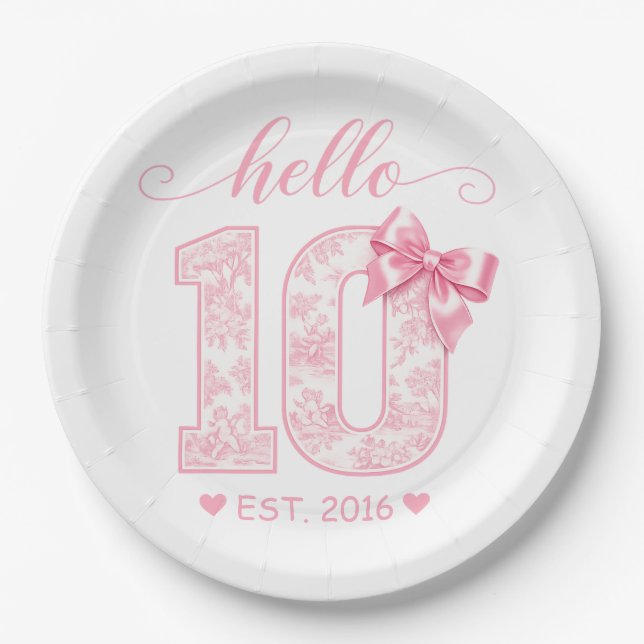 Hello 10 Birthday | Pink Hello 10 Custom Year Paper Plate (Front)