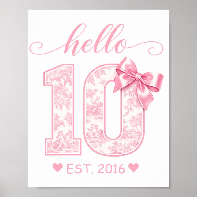 Hello 10 Birthday | Pink Hello 10 Custom Year Poster (Front)