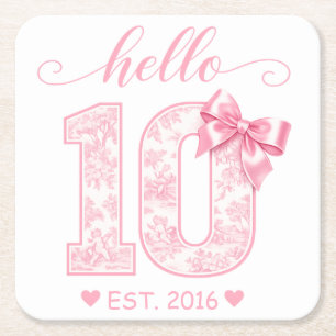 Hello 10 Birthday Pink Hello 10 Custom Year Square Paper Coaster