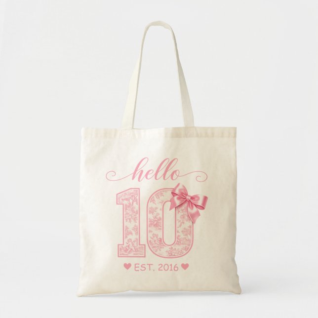 Hello 10 Birthday | Pink Hello 10 Custom Year Tote Bag (Front)