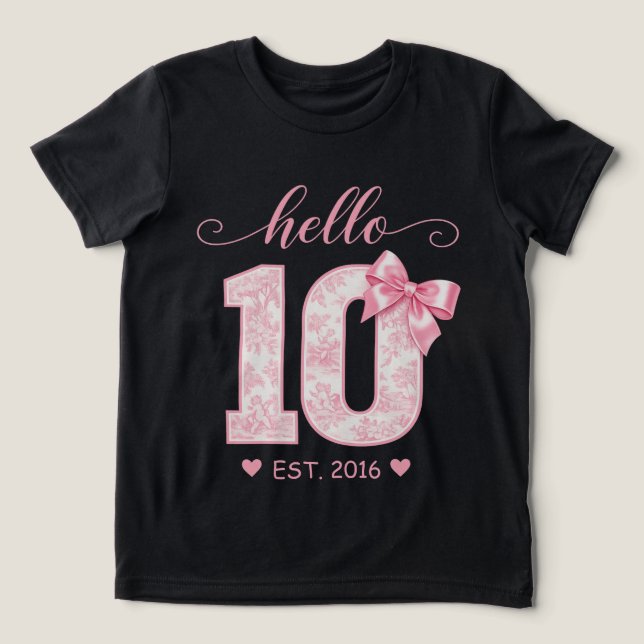 Hello 10 Birthday | Pink Hello 10 Custom Year Tri-Blend Shirt (Design Front)