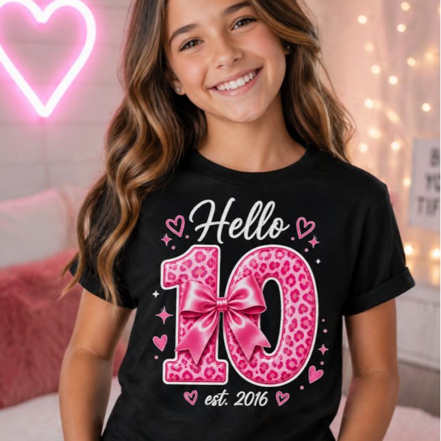 Hello 10th Birthday Pink Leopard Bow Birthday T-Shirt (10th birthday shirt, 10th birthday tee, 10th birthday gift, 10th birthday graphic tee)